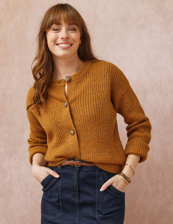 Cardigan boutonné maille anglaise manches longues (havane chiné)