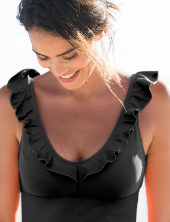 Maillot de bain à volants uni, 1 pièce Solaro petite stature - sans armatures (noir)