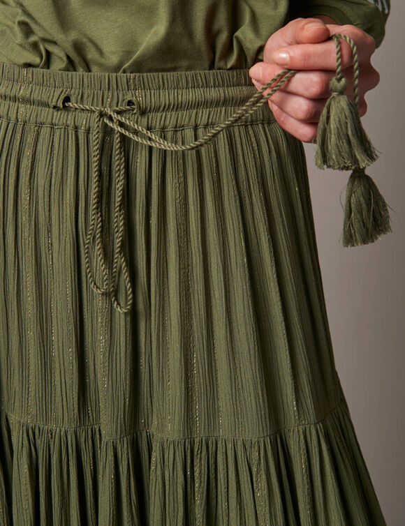 Jupon long en cr&eacute;pon et fils brillants, taille &eacute;lastiqu&eacute;e (kaki / dor&eacute;)