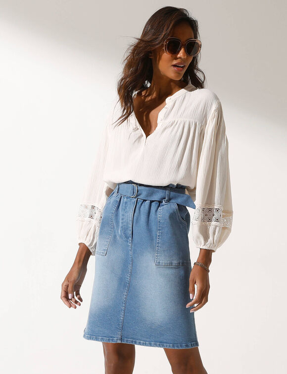 Jupe évasée en jean, taille élastiquée (bleached)