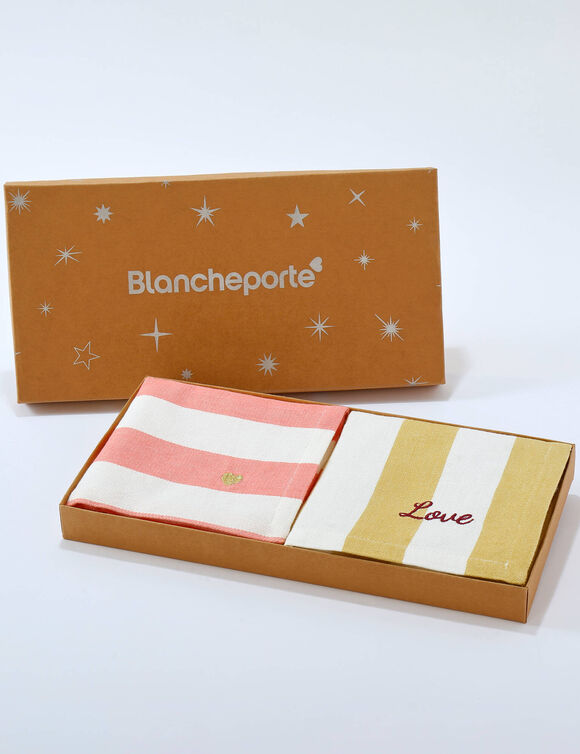 Box met 4 katoenen servetten, geborduurd (roze + geel)