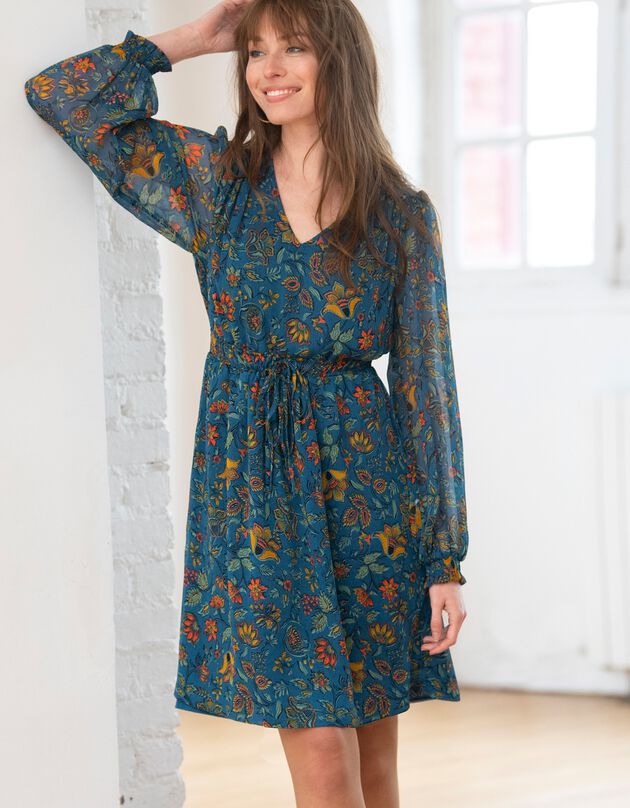 Robe en voile imprimé floral (bleu canard / miel)
