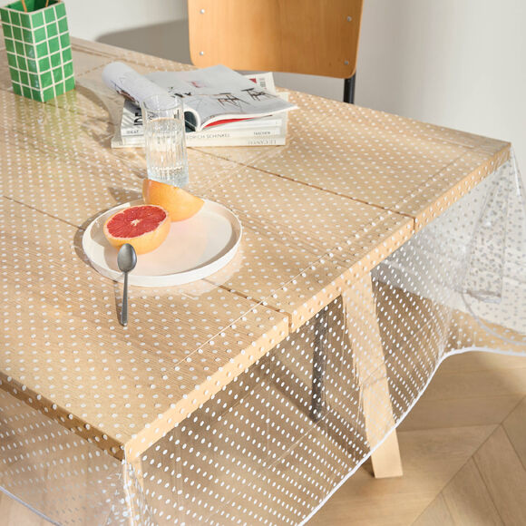 Nappe toile cir&eacute;e translucide imprim&eacute; pois blanc (transparent / blanc)