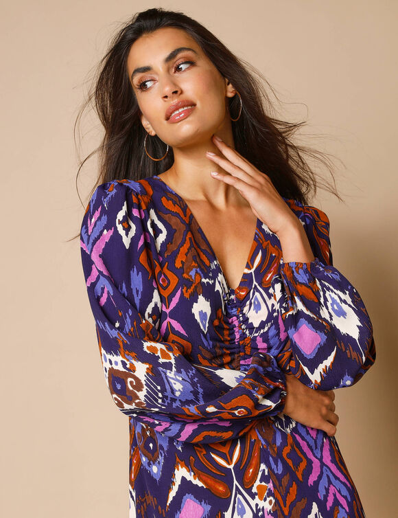 Lange jurk met V-hals, bedrukt (indigo / violine)