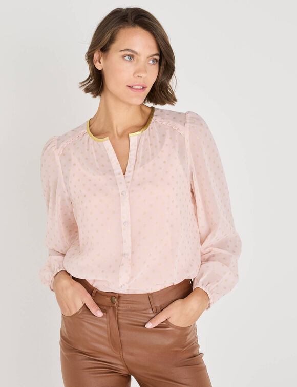 Chemisier imprimé pois doré, voile (rose poudré)