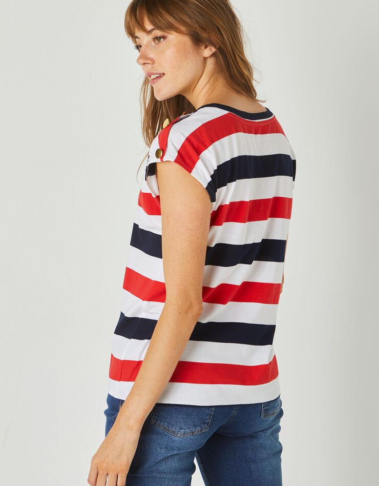 reflecteren schild Weigeren Gestreept T-shirt met knopen aan de schouders, wit / blauw / rood |  Blancheporte