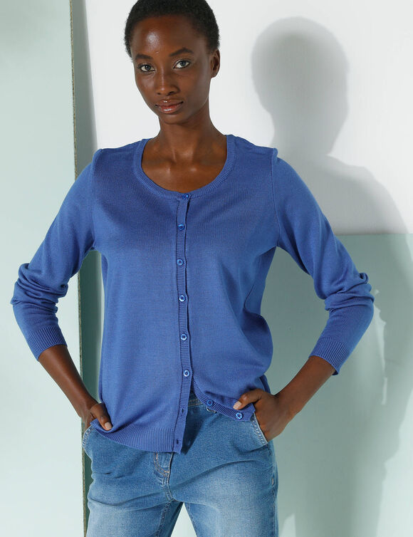 Cardigan boutonné col rond uni, toucher doux (bleu dur)