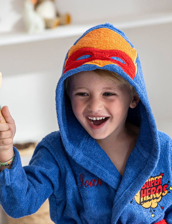 Personaliseerbare badjas voor kinderen, superheld met kap  (felblauw)