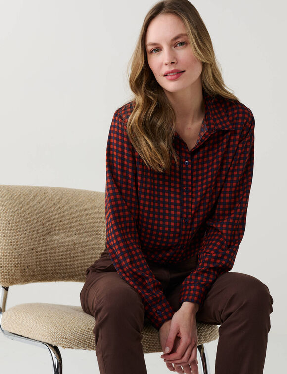 Blouse met knopen en een bedrukte print met kleine ruiten (marine / karamel)