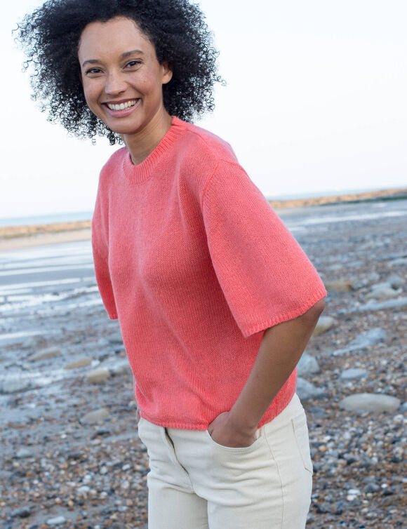 Pull loose manches coudes, laine et mohair m&eacute;lang&eacute;s (corail)