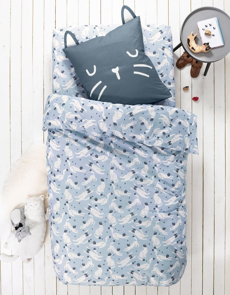 Linge de lit enfant imprimé chats Miaou 1 personne - coton biologique, bleu, hi-res image number 0