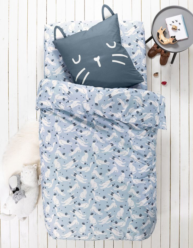 Linge de lit enfant imprimé chats Miaou 1 personne - coton biologique, bleu Linge de lit enfant imprimé chats Miaou 1 personne - coton biologique, bleu, hi-res image number 0