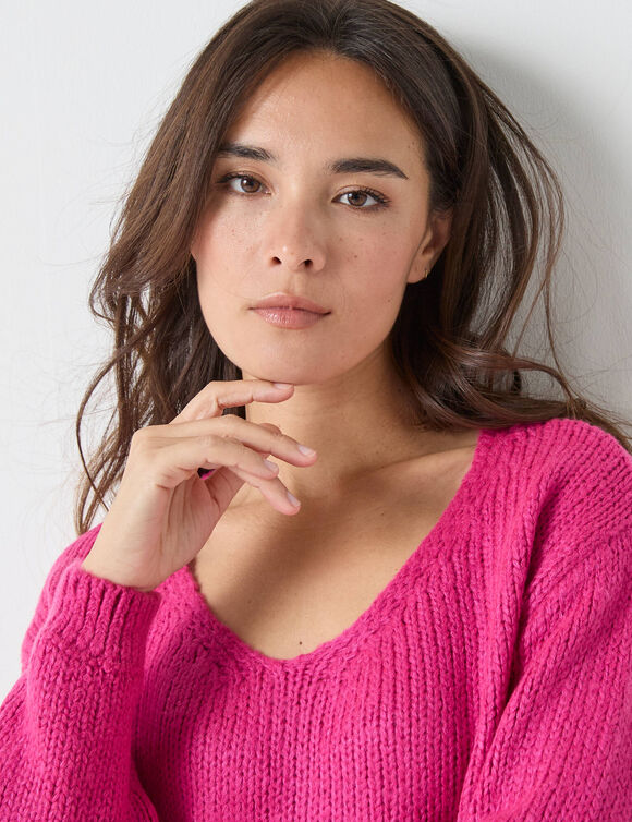 Trui met V-hals en loose volume, mohairtouch (fuchsiaroze)