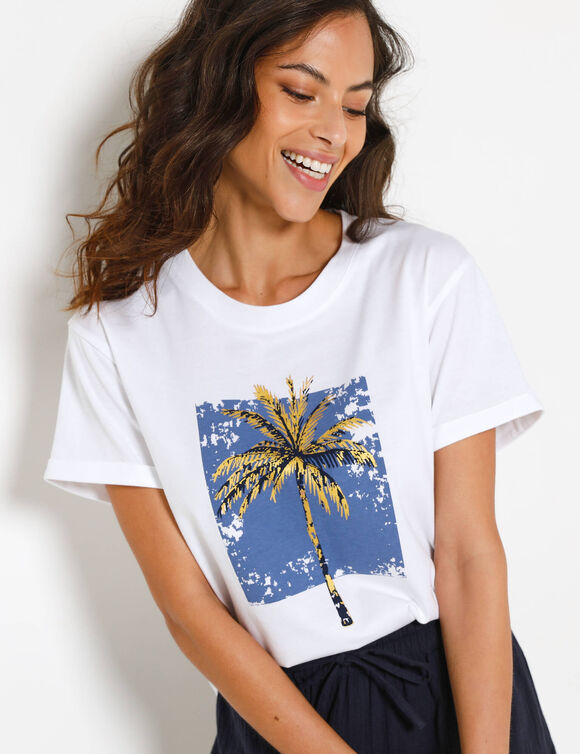 T-shirt col rond imprim&eacute; palmier, volume loose (wit / indigo)