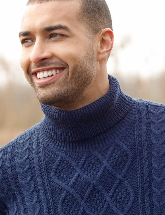 Pull col roul&eacute; maille irlandaise (marine)