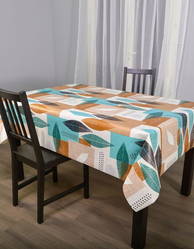 Tafellaken in toile cirée, bloemenpatchprint (bruin / turkoois)