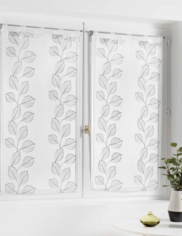 Vitrage droit broderie petites feuilles - la paire (gris)