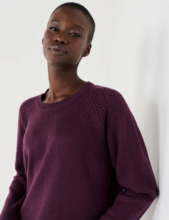 Pull col rond, maille fantaisie toucher doux (bordeaux)