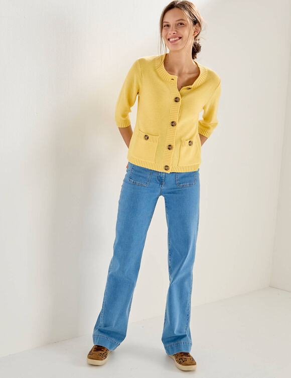 Cardigan boutonn&eacute; &agrave; poches, manches coude (jaune)
