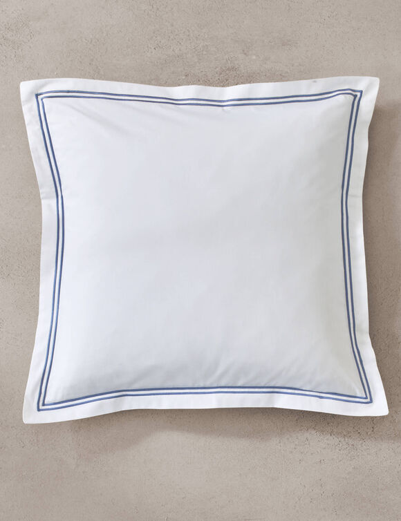 Effen tweepersoonsbeddengoed met dubbele stiknaad &ndash; katoenbatist 80 draden/cm&sup2; (wit / blauw)