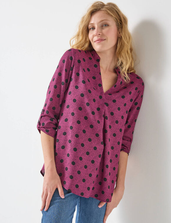 Blouse col tunisien imprimé pois, crêpe (violine / noir)
