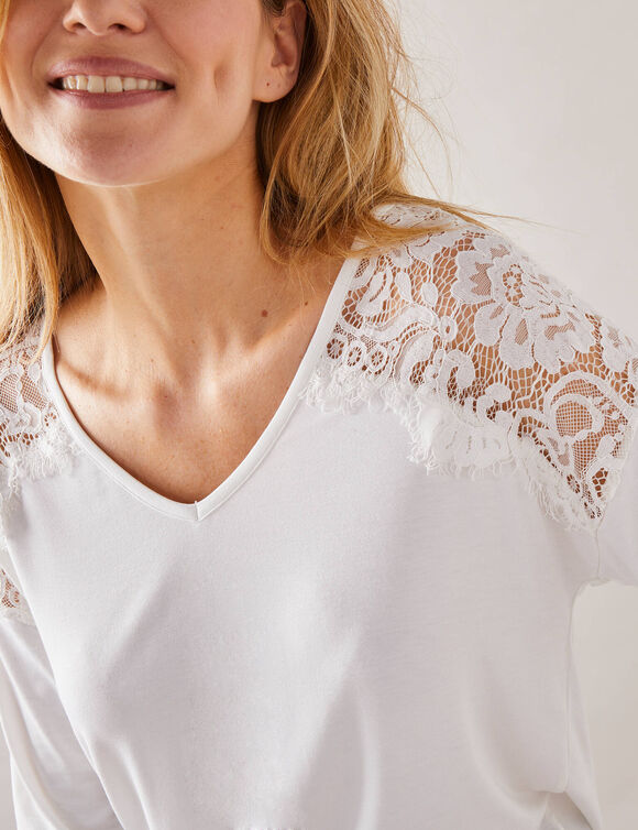 T-shirt col V manches longues dentelle (blanc)