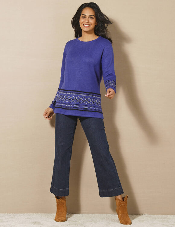 Pull tunique, base et poignets jacquard (bleuet)