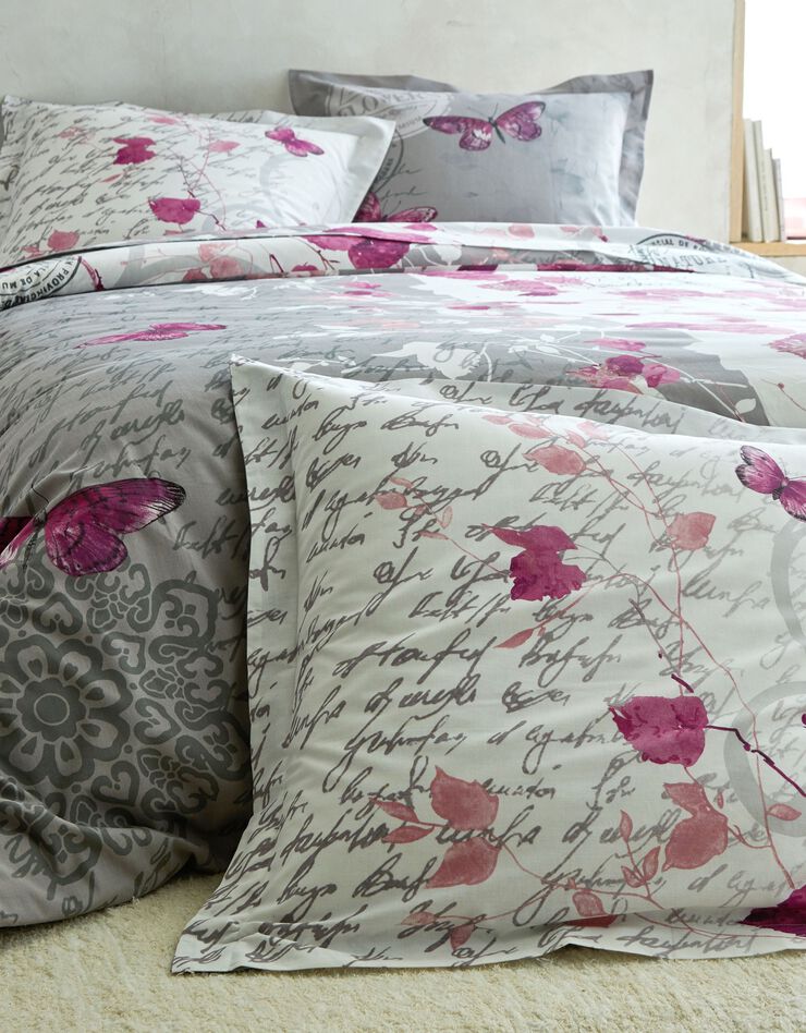 Linge de lit Célestine en coton imprimé fleurs et papillons (gris / parme)