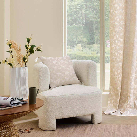 Coussin imprim&eacute; palmiers et pompons (blanc / naturel)