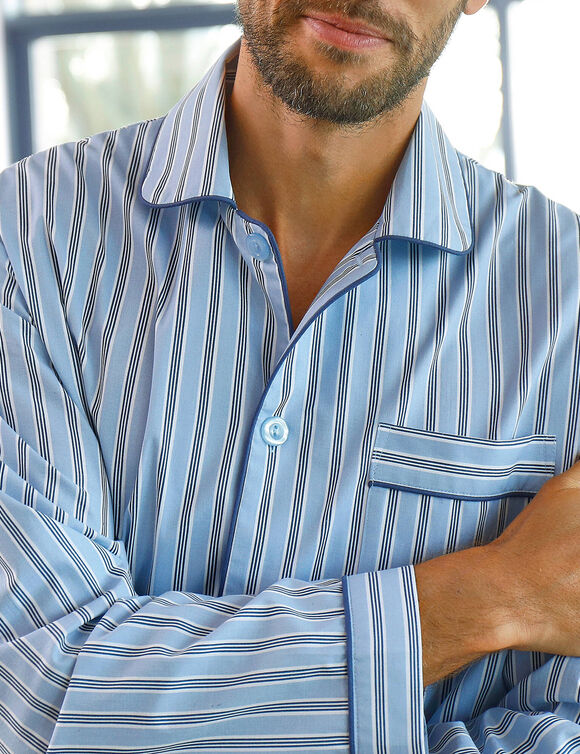 Pyjama rayures flanelle coton (bleu ciel)