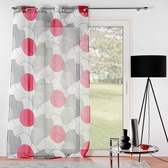 Voilegordijn met rode cirkels - oogringen (grijs / rood)