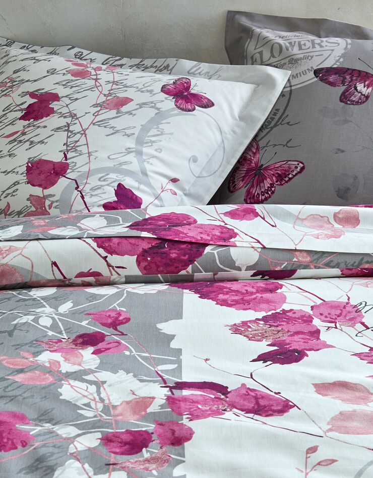 Linge de lit Célestine en coton imprimé fleurs et papillons (gris / parme)