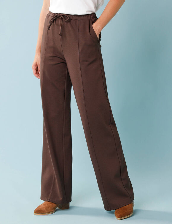 Wijde broek in soepel tricot, kleine lengtes (chocolade)