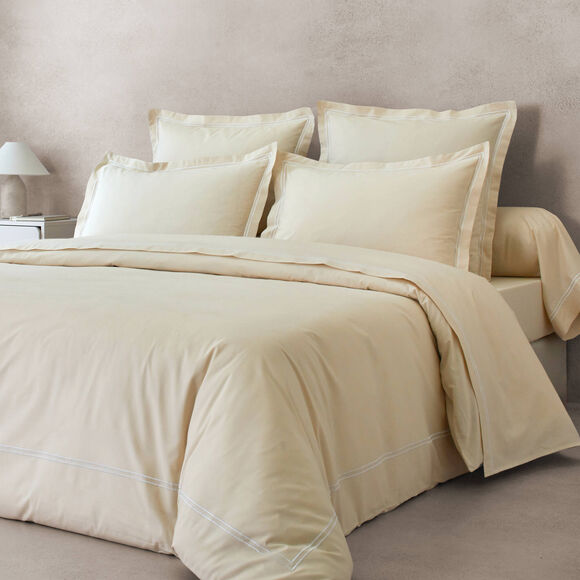 Linge de lit uni double bourdon - percale de coton 80 fils/cm&sup2; (sable / blanc)