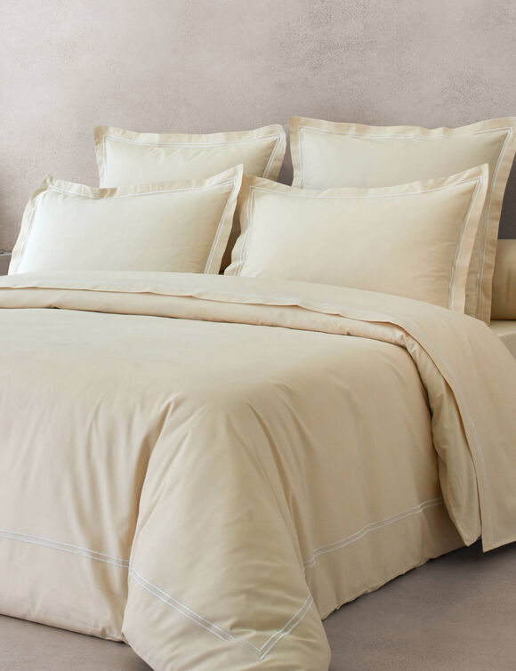 Linge de lit uni double bourdon - percale de coton 80 fils/cm&sup2; (sable / blanc)