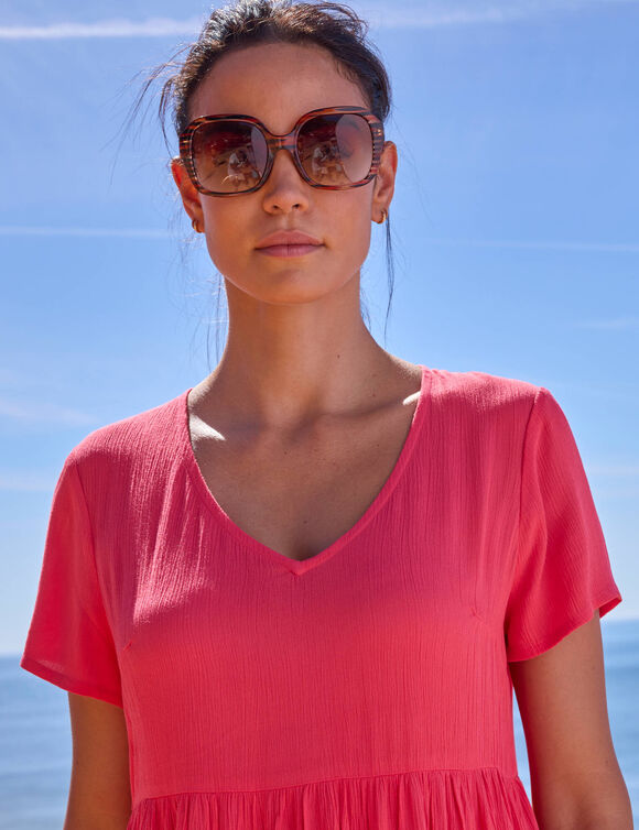 Robe col V courte unie, cr&eacute;pon (framboise)