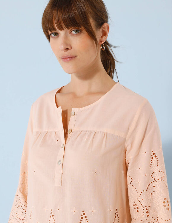 Blouse unie manches 3/4, broderie anglaise (rose poudré)