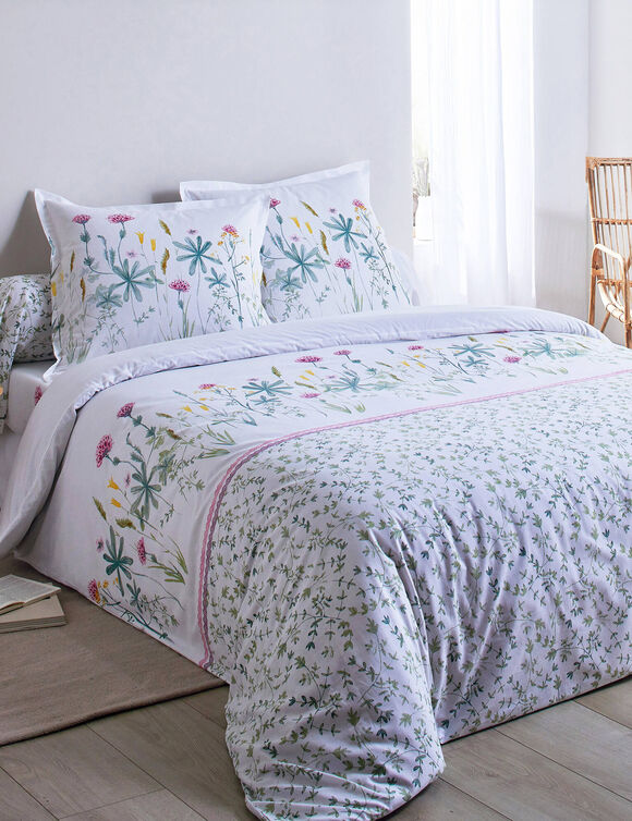 Bedlinnen Julie in katoen met plantenprint (wit / roze)