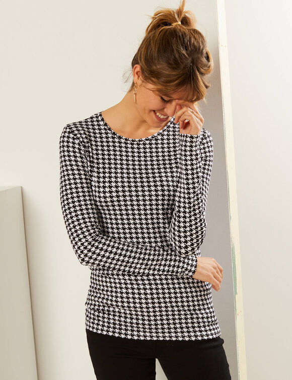 T-shirt col rond imprimé pied-de-poule, stretch (noir / blanc)