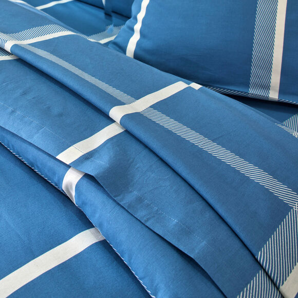 Linge de lit César en coton imprimé carreaux (bleu)