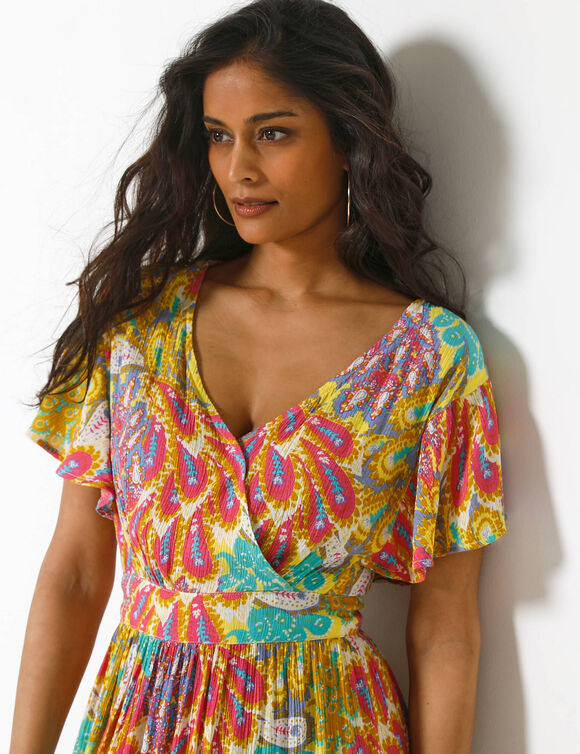 Robe volant&eacute;e cache-coeur imprim&eacute;e, cr&eacute;pon (jaune / bleu)