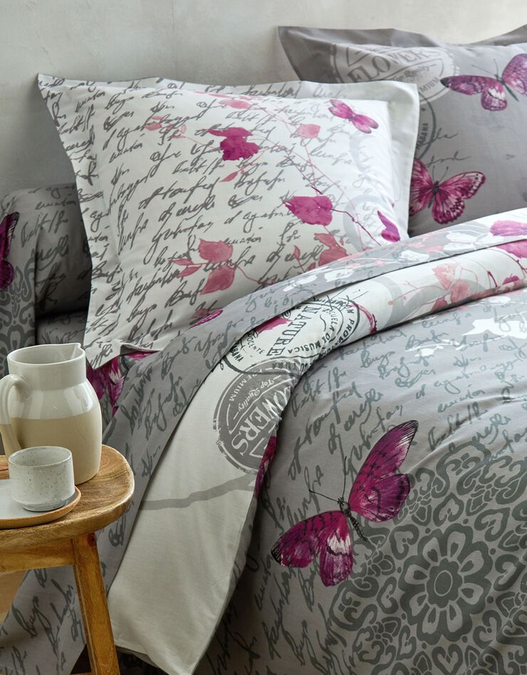 Linge de lit Célestine en coton imprimé fleurs et papillons (gris / parme)
