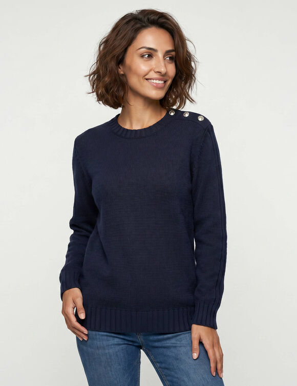 Pull col rond, maille fantaisie (marine)