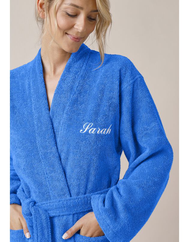 Peignoir mixte adulte uni coton éponge bouclette col kimono personnalisé (bleu dur)