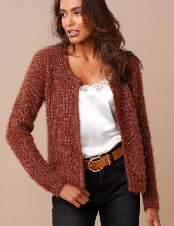 Paletotvest in zacht fantasietricot (chocolade)