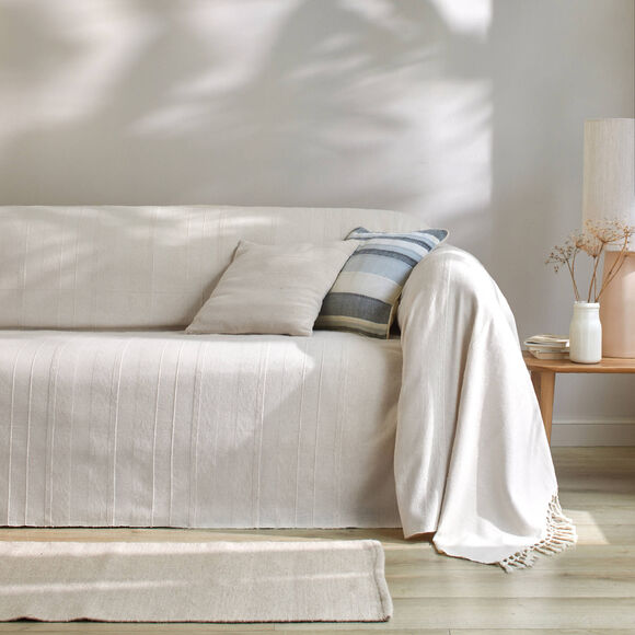 Plaid of sprei, effen katoen met artisanaal weefsel (ecru)
