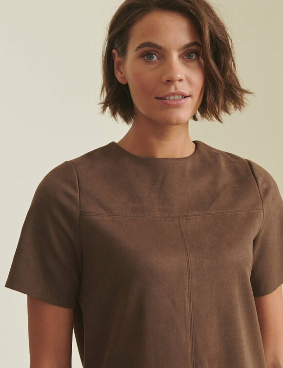 Effen jurk met korte mouwen, su&egrave;de-look (chocolade)