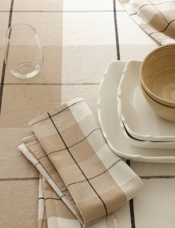 Nappe carreaux coton lin tiss&eacute; teint (beige)