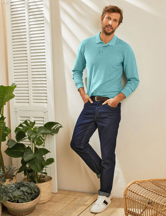 Polo uni maille piquée manches longues (vert d'eau)