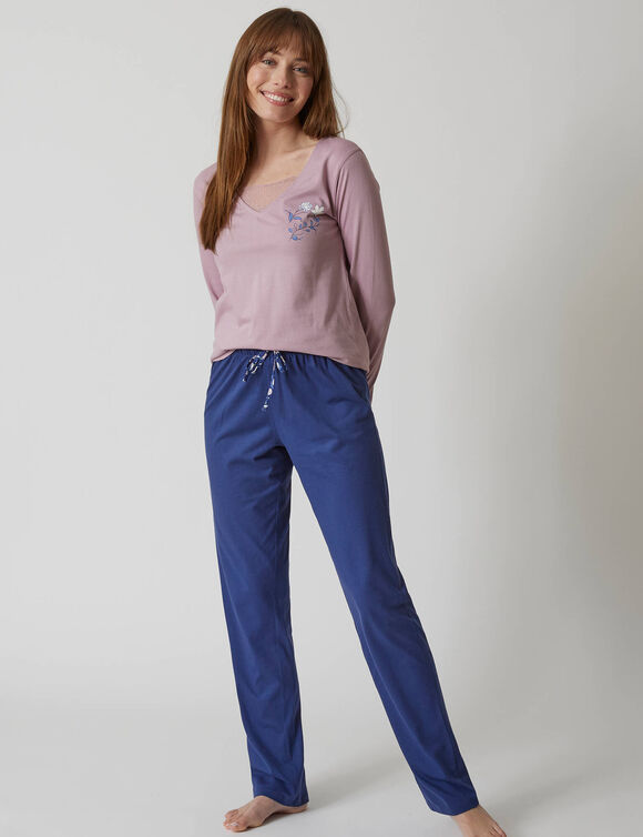 Effen pyjamabroek in katoen met lintje met bloemenprint (marine)